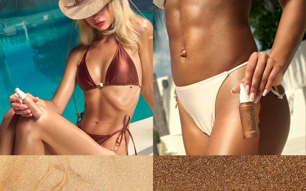 Models Showcasing Palladio's Body Shimmer in 2 vegan shades