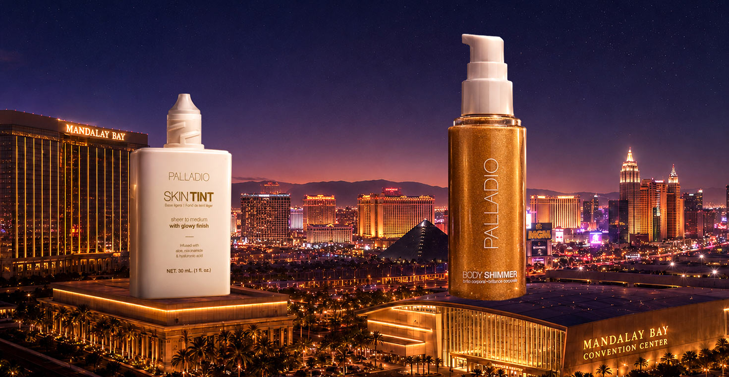Palladio Skin Tint and Body Shimmer displayed over the Las Vegas skyline near Mandalay Bay Convention Center for Cosmoprof North America 2026.