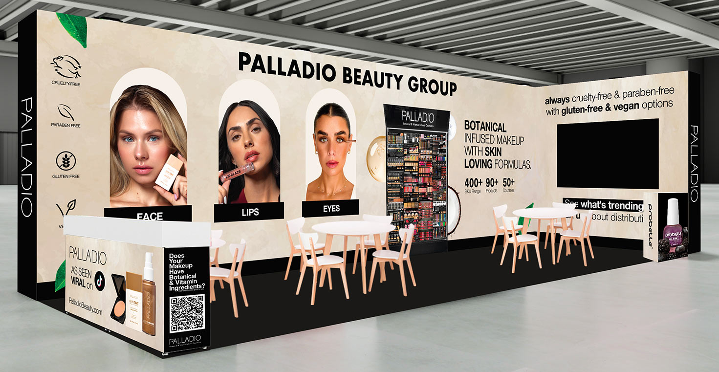 Digital booth concept for Palladio Beauty Group at Cosmoprof North America Las Vegas 2026, featuring branded product displays, meeting tables and category graphics.