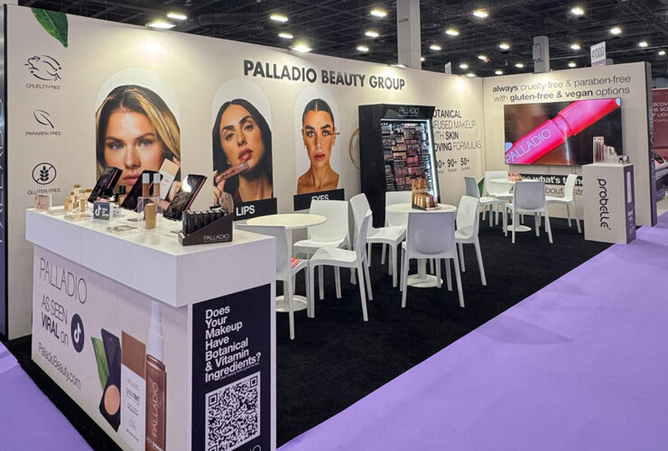 Palladio Beauty Group booth at Cosmoprof North America Las Vegas 2026 featuring makeup displays, meeting areas and branded product visuals.