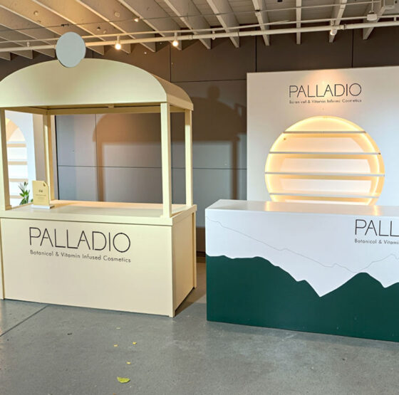 Palladio matcha cart and lit display counter set up before guests arrived at TikTok Shop Beauty Besties Holiday Edit in Miami