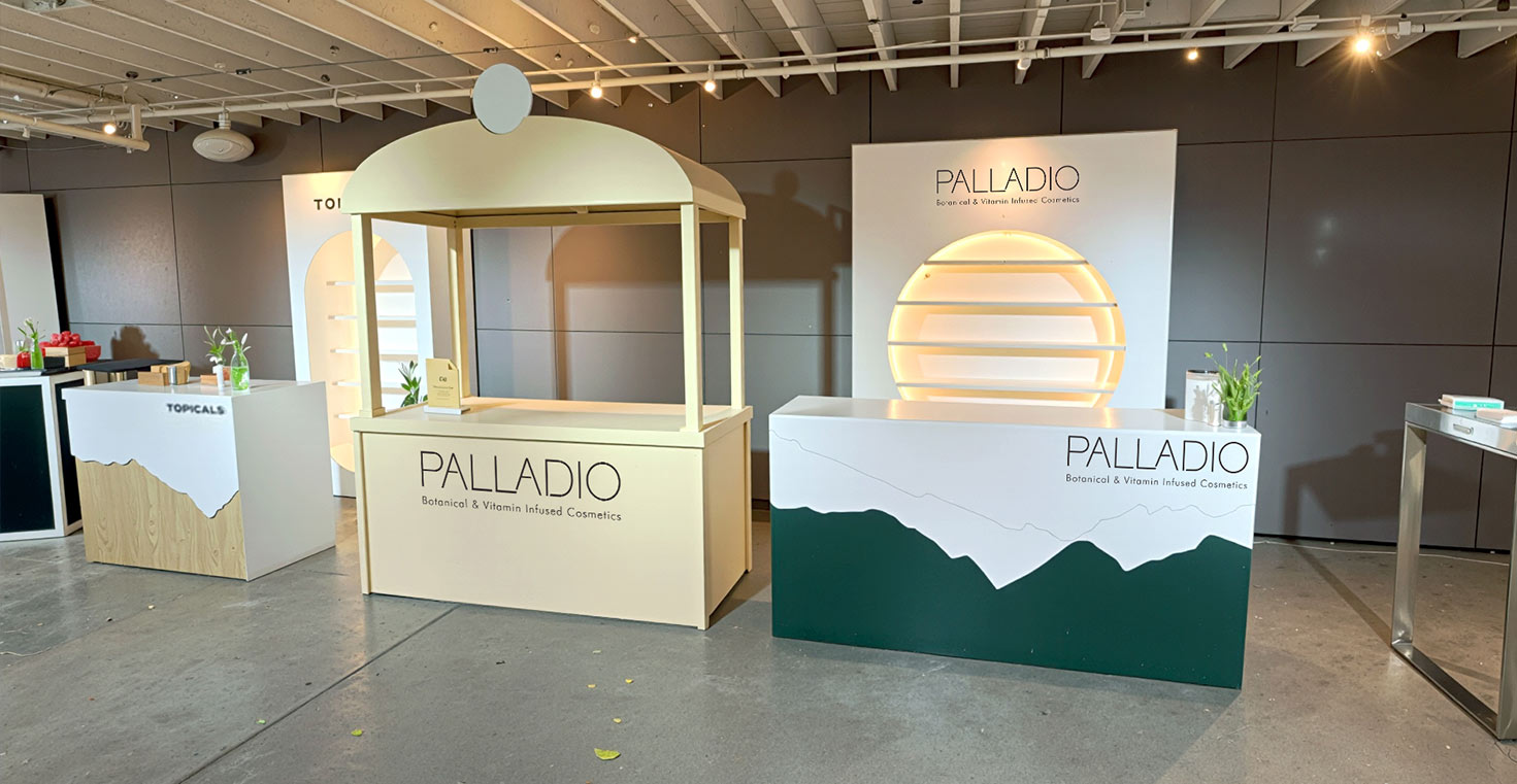 Palladio matcha cart and lit display counter set up before guests arrived at TikTok Shop Beauty Besties Holiday Edit in Miami
