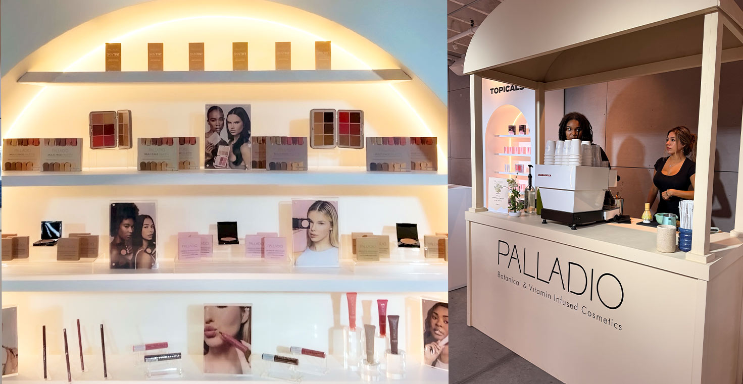 Palladio display shelves with Skin Tint, Multi Face Palette and lip products beside the Palladio matcha cart